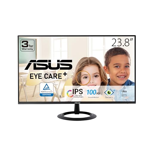 ASUS 24” (23.8-inch viewable) Eye Care Monitor (VZ24EHF) - IPS, Full HD (1920 x 1080), Frameless, 100Hz, Adaptive-Sync, 1ms, HDMI, Low Blue Light, Flicker Free, Ultra-Slim Profile, 3 Year Warranty - style: 100Hz Frameless