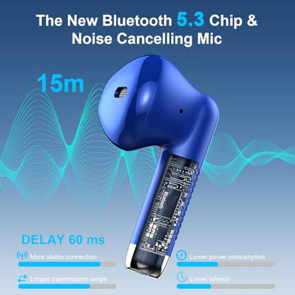 Wireless Earbuds, Bluetooth 5.4 Earbuds Stereo Bass, Bluetooth Headphones | in Ear Noise Cancelling Mic, Earphones IP7 Waterproof Sports, 32H Playtime USB C Charging Case Blue Ear Buds for Android iOS - color: Glossy Blue