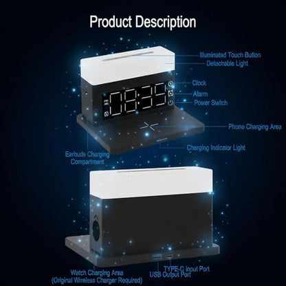 AYI Multifunctional Wireless Charging Station with Alarm Clock, 15W Fast Charger for Phones Watches Earbuds Qi-Certified, Stand with 7 RGB Night Light Modes - N65 White. - color: Wireless Charger Alarm Clockn65 White