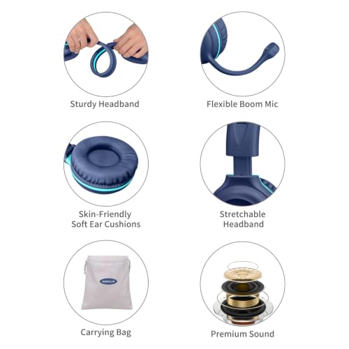 SIMOLIO-Kids-Headphones-School with-USB-C to 3.5mm Dongle, Boom-Microphone | 75/85/94dB Volume Limit,Mute Button,Bag, Stereo Over-Ear Wired Headset for iPad,iPhone,Tablet,Boy,Girl,Gaming,Travel,Airplane - color: Rose & Navy USB C & 3.5mm