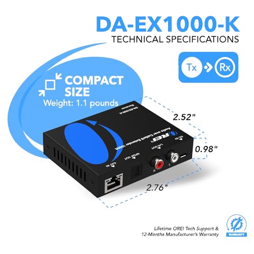 OREI Audio Over Cat6 Extender 990ft Coxial 5.1, PoC, Two-Way IR, DTS, LPCM | Coax to Toslink, Analog Audio Extender – Audio Balun over Cat6, Built-in DAC, Dolby Digital Plus, 24-bit/192kHz audio