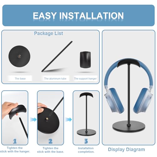 Headphone Stand, Curved Headset Stand with Aluminum Rod ABS Solid Base Gaming Headset Holder for Desk Headphone Accessories for Organization and Display, Black