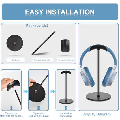 Headphone Stand, Curved Headset Stand with Aluminum Rod ABS Solid Base Gaming Headset Holder for Desk Headphone Accessories for Organization and Display, Black