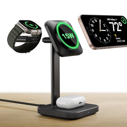 ESR 3 in 1 Wireless Charging Station, Magsafe Charger for iPhone 17-12 | 15W MagSafe Charger Stand for iPhone, Wireless Charger for Multiple Devices iPhone 17-12&Apple Watch&AirPods, Black