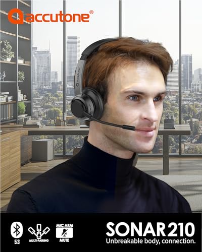 Accutone Sonar 210 Mono Bluetooth Headphones, Headset with mic, Long-Enduring Battery for PC/Mac & Cell Phones. Compatible with MS Teams/Skype/Zoom Best Choice for Work