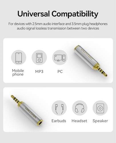 VENTION 3.5mm Female to 2.5mm Male Audio Adapter Converter Premium Quality Headphone Earphone Headset 2.5mm Male to 3.5mm Female Audio Connector Gold Plated 3 Ring Jack Stereo or Mono(2 Pack)
