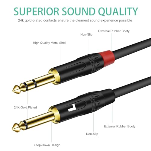 Audiowave 1/4 inch TRS Stereo Y Splitter Insert Cable, Gold Plated - 6.35mm to Dual 6.35mm TS Male Mono Breakout Cable, Audio Cord (6.6FT / 1PACK) - size: 6.6FT