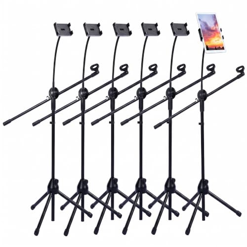 Sherr 2 Pcs Microphone Stand Boom Bulk, Adjustable Height Tripod Mic Stand with Dual Clip Foldable Universal Heavy Duty Tripod Holder for Livestream Singing Stage (Mic with Tablet Holder) - style: Mic with Tablet Holder