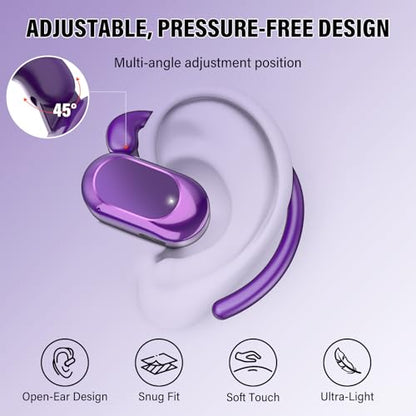 Open Ear Headphones, NEW Over Ear Earbuds with 4 ENC Noise-Canceling Mic | Ultra-Comfort Bone Conduction Earbuds, BT5.4, HD Stereo, IPX7 Waterproof, Ergonomic Earhooks,36H Sports Ear Buds for Running - color: deep purple