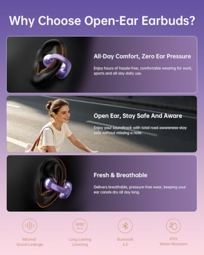 Open Ear Clip On Earbuds,Clip Headphones with Crystal Clear Sound | Ultra-Comfort for Driving Running Workout, Powerful Bass, 50H Playtime, Secure Fit, Hi-Res, IPX5, Bluetooth 6.0, Lavender - color: Lavender