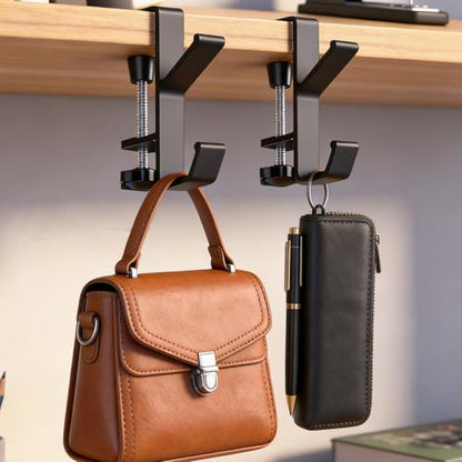 2 Pcs Headphone Holder for Desk, Double Hook Desk Hook, Bag Holder with Clamp for Table Desk Under Counter, Black - color: Black
