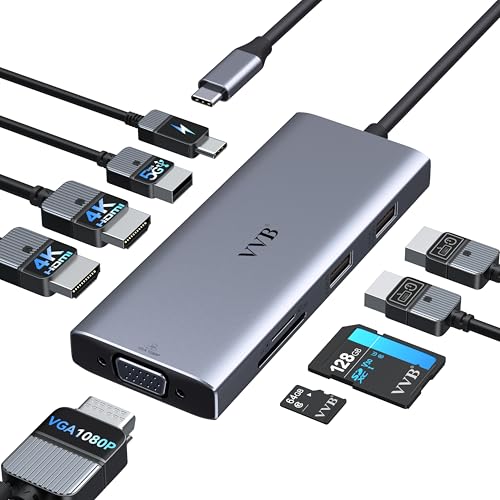 Laptop Docking Station 3 Monitor USB C Docking Station Dual Monitor Adapter | USB C Hub Multiple Adapter Dongle with 2 HDMI 4K+VGA+100W PD Charger+3 USB Port+SD/TF Card Reader for Lenovo Dell HP Laptop - size: 3.1 inches
