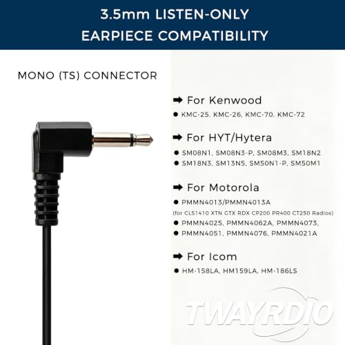 TWAYRDIO 3.5mm Surveillance Radio Earpiece for Motorola, w/Medium Earmolds