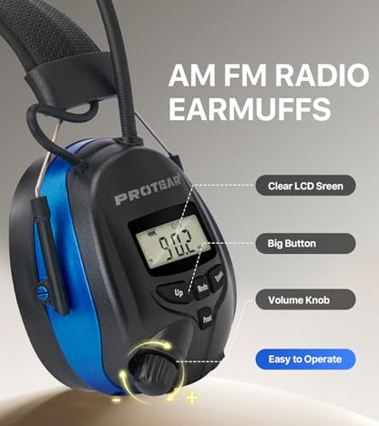 AM FM Radio Hearing Protection Earmuff, Bluetooth 5.4, 30SNR | Rechargeable Hearing Protectors with Gel Earpads, Headphones for Lawn Mowing, Construction, Chainsaw, Landscaping - color: Am/Fm+ Bluetooth-blue