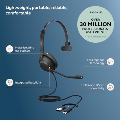 Jabra Evolve2 30 SE (2025 Version) Wired Single-Ear Headset with Microphone – Computer Headset - USB-A and USB-C Cable - Works with All Online Meeting Platforms - Black - color: Mono, style: All Platforms