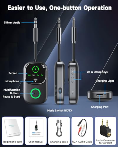 LED Display 2 in 1 Bluetooth 6.0 Transmitter Receiver 3.5mm AUX Jack RCA Wireless Audio Adapter Dongle for Airpods Headphones TV Airplane Flight Car Speaker Home Stereo, Dual Pairing & Handsfree Call - color: Black AUX+RCA+Aircraft