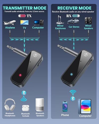 Aux Bluetooth 5.3 Adapter for Car, 2 in 1 Bluetooth Aux Car Adapter Receiver, Auxiliar Audio Blue Tooth para Carro Wireless Dongle with 3.5mm Jack for Stereo Systems and Headphones