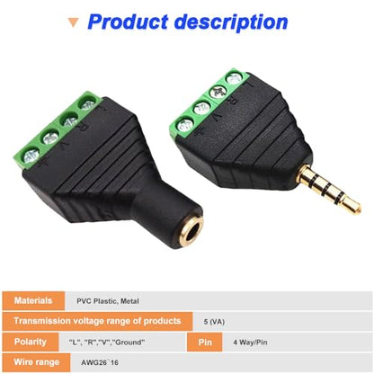 3.5mm Screw Terminal Gold Plated, 1/8" TRRS Male to 4 Pin Screw Terminal with 1/8" TRRS Female to 4 Pin Screw Terminal, Balun Solderless Converter with Screwdriver - color: 4Pin