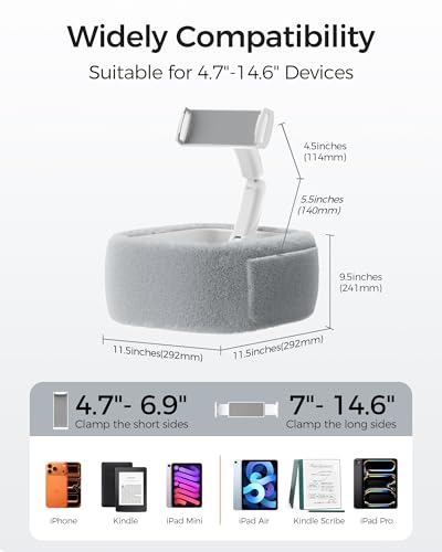 LULULOOK Tablet Pillow Stand, Compatible with iPad, iPhone and 4.7-14.6”Tablet, 360° Adjustable Kindle Pillow Stand for Bed with Ultra Fluffy Fabric & Snack Bowl (Fluffy Gray) - color: Fluffy Gray
