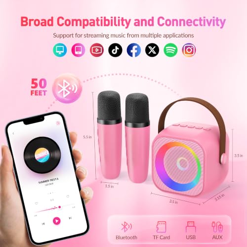 Mini Karaoke Machine with 2 Wireless Microphones for Kids Adults,Portable Bluetooth Karaoke Speaker with Party Lights,Christmas Birthday Gifts for Girls Ages 4, 5, 6,7, 8, 9, 10,12+ Family Home Party - color: Hotpink