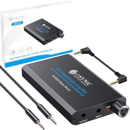 eSynic 16-600Ω Bass Headphone Amp Portable - HiFi 3.5MM Audio Headphone Amplifier Rechargeable with Bass Switch-Aluminum Alloy Case &12H Playtime-0.005% THD for MP3/Phone/PC/Laptop/Car (3.5mm AUX)