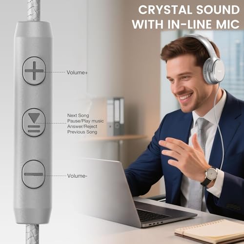 USB C Wired Over-Ear Headphones with Microphone | Volume Control, Share Port, Adjustable Headband Foldable Stereo Headset for Adult/Teens for iPhone 16, Laptop, Gaming, Travel - color: Silver