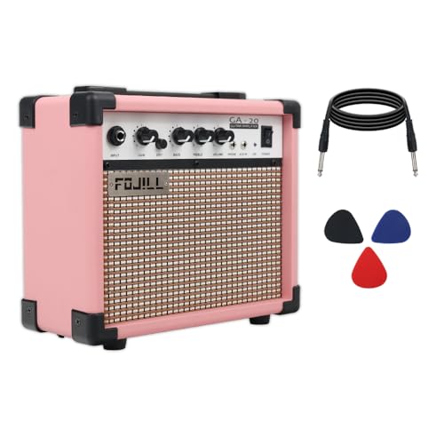 Fojill 20W Watt Electric Guitar Amplifier Amp Practice Small Portable Travel Mini Amp with 3.5 Headphone Jack Aux Distortion Gain Treble Bass Volume (Pink, 20W) - color: Pink