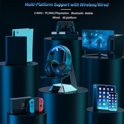 BINNUNE Wireless Gaming Headset for PS5 PC, 120H Ultra-Long Battery, 2.4GHz & Bluetooth 5.3 Wireless Gaming Headphones, PS5 Hadset Wireless with Mic, 50mm Drivers, Comfort Over Ear Headphones,Blue - color: Blue