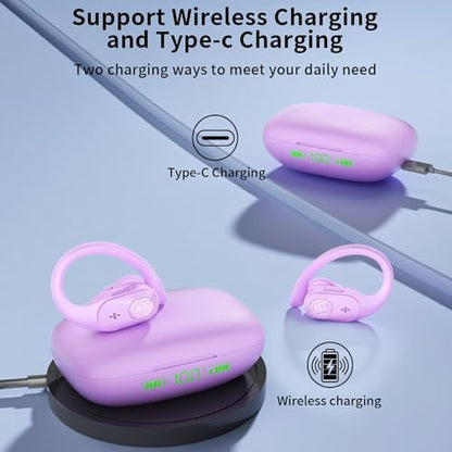 Wireless Earbuds with Ear Hooks 96H Playtime for iPhone Android | LED Display Deep Bass Stereo Sound Built in Mic Sweat Resistant Design Low Latency Mode for Sports Gaming - color: Purple