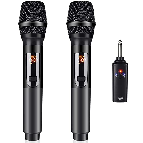 Wireless Microphone, K380S Dual Cordless Metal Dynamic Mic System with Rechargeable Receiver, for Karaoke Singing, Wedding, Party, Speech, Church, Meeting