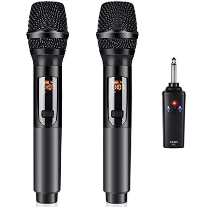 Wireless Microphone, K380S Dual Cordless Metal Dynamic Mic System with Rechargeable Receiver, for Karaoke Singing, Wedding, Party, Speech, Church, Meeting