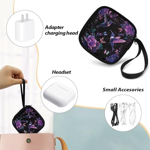 Universal Portable Earphone Carrying Bag Pouch with Handle Zipper for Earbud Headset Charger USB Cable MP3 Key(Hummingbird Flower) - color: Hummingbird Flower Butterfly