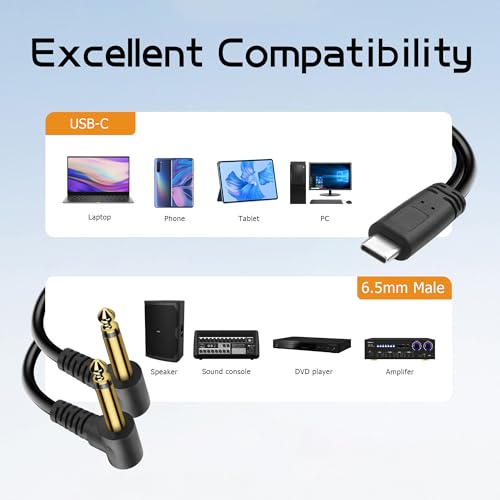 YACSEJAO USB C to 6.35mm TS Audio Cable,1m USB Type C Male to Dual 6.35mm Mono Male 1/4 inch Stereo Splitter Cable for Phone,Laptop,Amplifier,Mixer (Right Angle) - style: Right Angle