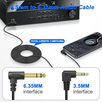 MEIRIYFA 3.5mm to 6.35mm Stereo Audio Cable, 3.5mm 1/8 inch Male TRS to 6.35mm 1/4 inch Male TRS Right Angle Audio Cable Cord for Guitar Laptop Home Theater Smartphone Amplifier (2PCS, 1.8M)