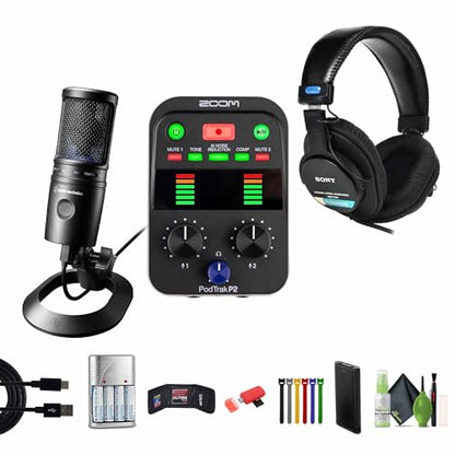 Zoom PodTrak P2 Podcast Recorder + MDR-7506 Headphones Bundle | For Podcasting & Interviews | 2 USB Mic Inputs + 64GB Memory Card