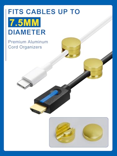 3 Pack Upgraded Cord Management Clips with Extra-Large Adhesive | Base, Stronger Hold Phone Charger Holder for Nightstand, Premium Aluminum Gold Sticky USB Wire Organizer Cable Clips for Desk