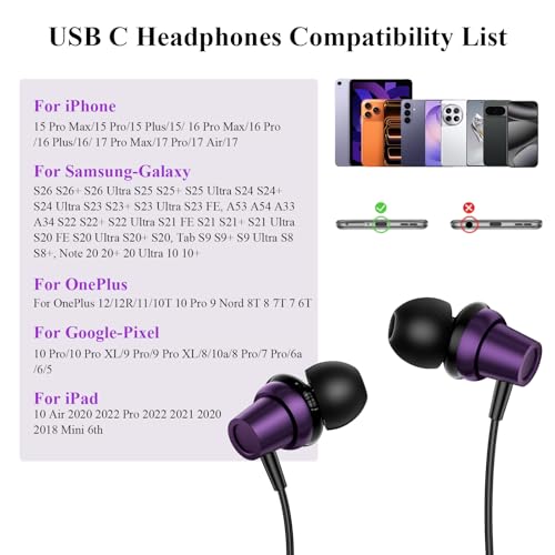 ACANDYA USB C Wired Earbuds Students Headphones with Mic for Online Classes | Student USB C Headphones Wired In-Ear Earbuds with Microphone, School Online Learning Zoom Classes Earphones for Laptop Phone