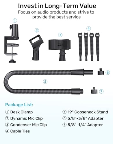 19-in Gooseneck Mic Stand with Desk Clamp, 3/8 & 1/4 Adapters, 360° Swivel | Upgraded Clamp, Heavy Duty & Flexible Arm for Podium, Pulpit, Lecture, Podcast, Sturdy Clamp, Universal Fit for Most Mics - size: Upgraded Clamp