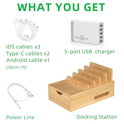 Bamboo Charging Station for Multiple Devices, Desktop Charger Organizer with Tray& Drawer, Wooden Docking Station for Smart Devices, Cell Phone, Tablet,Watch (Include 6 Cables, 5 Port USB Charger)
