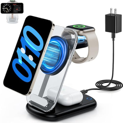 RYND 2026 Traveling Wireless Mag-Safe Fast Charging Station | Magnetic 3 in 1 Charger with Light for iPhone 17 16 15 14 13 12 Pro Max Plus,Apple Watch & Air pods 4 3 2 Pro(Black) - color: Black