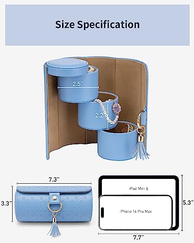 VLANDO Travel Jewelry Organizer, 3 Tier Roll Up Design, Hard Shell Storage | Stepped Sections Compartments Keep Jewelry Visible, Soft Lining Protect Pieces, Snap Closure, Travel Gift for Women Girl - color: Blue