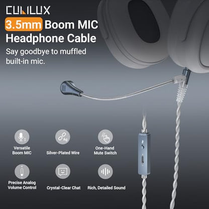 3.5mm Headphone Cable with Boom Mic, Mute Switch, Volume Control, Silver-Plated AUX Replacement Cord for Voice Chat, Calls, Game Consoles, WH1000-XM6/5/4, Studio Pro, Solo, More, 4 FT