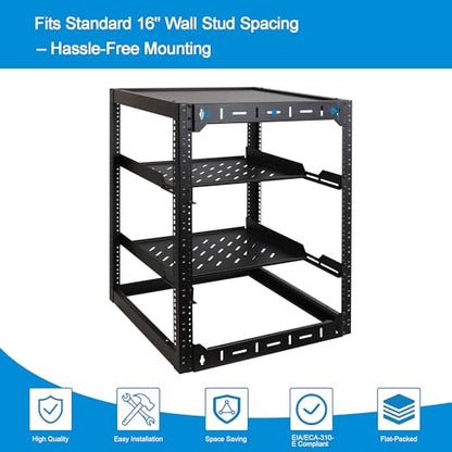 RackPath 16U Open Frame Network Rack with 2X 14in Vented 1U Shelves Rear Support, Wall Mount/Floor Standing Network Cabinet, Heavy Duty 150 lbs Capacity for IT & AV Gear, Audio and Video Device - size: 16U