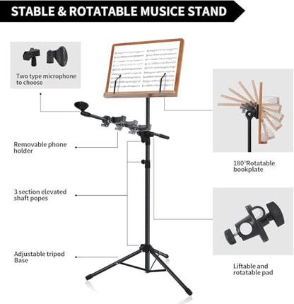 3-in-1 Sheet Music Stand with Phone and Microphone Holder, Brown Wooden , Folding Desktop Book Stand Liftted Metal Support Adjustable Design