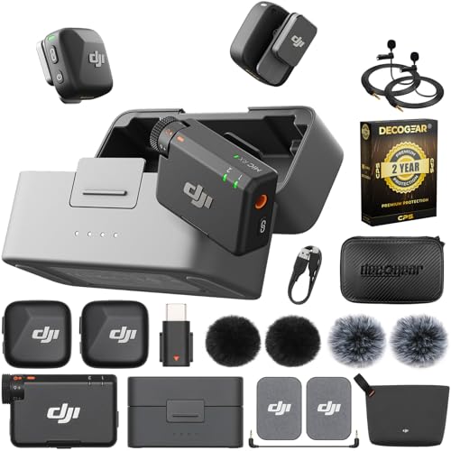 DJI Mic Mini (2 TX + 1 RX + Charging Case) Wireless Lavalier Microphone, Ultralight, 48-Hour Battery Bundle with 2 YR CPS Enhanced Protection Pack, 2 x Deco Gear Lapel Microphone and 7" EVA Case - size: DJI Mic Mini + Extended Protection