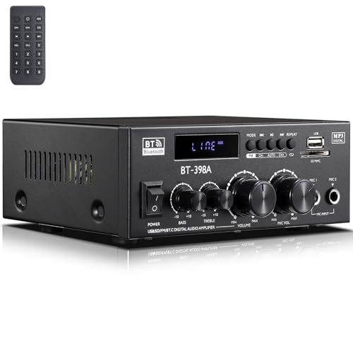 Facmogu BT-398A 스테레오 디지털 오디오 앰프, 최대 450Wx2 HiFi 사운드 오디오 파워 앰프 시스템, 홈 시어터 차고용 2.0 채널 수신기 앰프, 섬유/구리 잭 포함, USB/SD/AUX/RCA/MIC in 에코 포함 - style: 최대 450Wx2