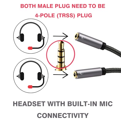 Long Headphone Splitter (4ft / 1.2m) Shielded 4-Pole TRRS 3.5 Y Splitter Cable 2-Way Female to Male Headphone Adapter Stereo Audio/Crystal-Nylon Braided / 24K Gold Plated / 99.99% 4N OFC | Hi-Fi Stereo Sound, 24K Gold-Plated, TRRS Mic Support, Music Shari