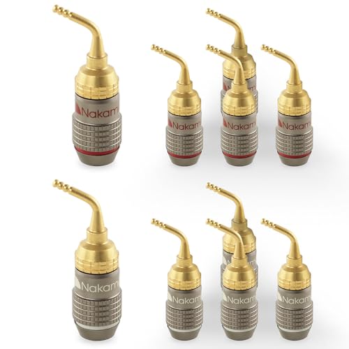 Nakamichi FanLock Excel Series 24K Gold Plated 2mm Pin Plugs, 10-18 AWG | Gauge Size 4mm for Spring Clip Terminal Speakers Amplifier Hi-Fi Audio Wire Cable Quick Connector Banana, 10 Pcs (5-Pairs) - size: 10 Pcs (5-Pairs)