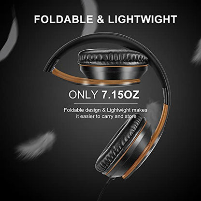 LORELEI X6 Over-Ear Headphones With Microphone, Lightweight Foldable & Portable Stereo Bass With 1.45M No-Tangle Wired for Smartphone Tablet MP3/4 (Black-Gold) - color: Black-Gold