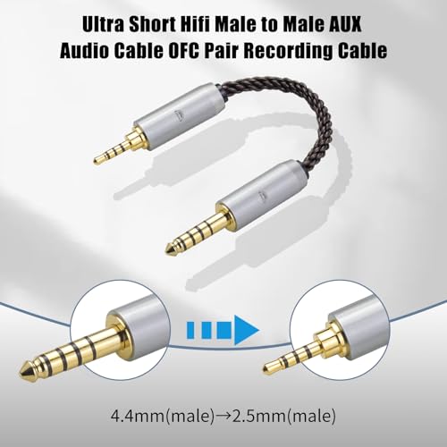 4.4MM Male to 2.5MM Male Ultra Short Hifil Male to Male AUX Audio Cable OFC Pair Recording Cable Wire-Breakage-Prevention Design Adoption of 8-Core Braided Structure 5.82 inch - size: 4.4MM Male - 2.5MM Male